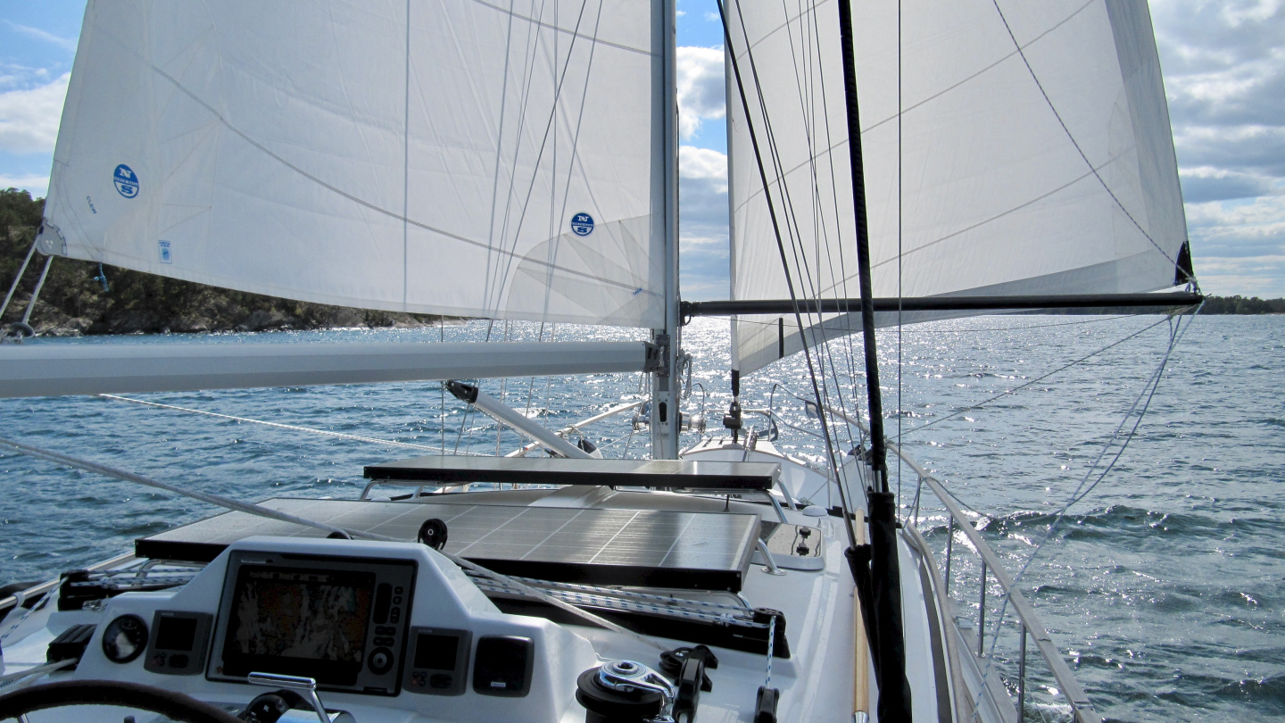 Sailing wing on wing with whisker pole in Stockholm archipelago