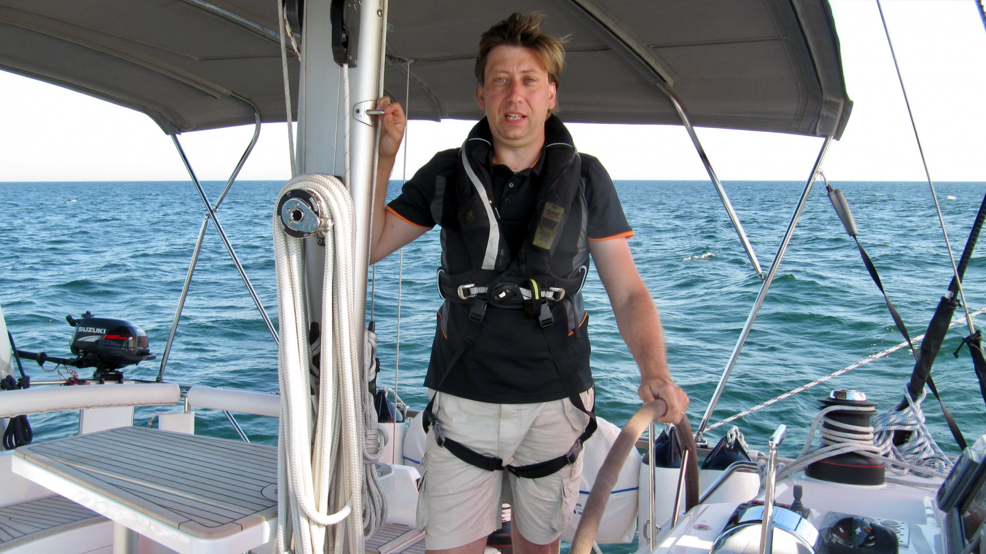 Andrus at the helm of Suwena in southern Baltic Sea