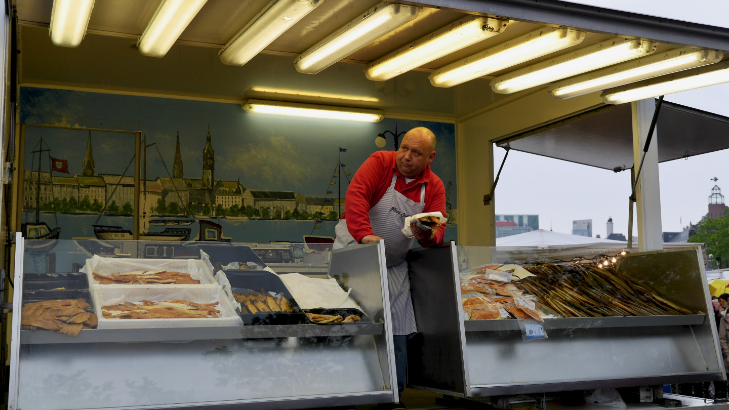 Fish merchant at Fischmarkt of Hamburg