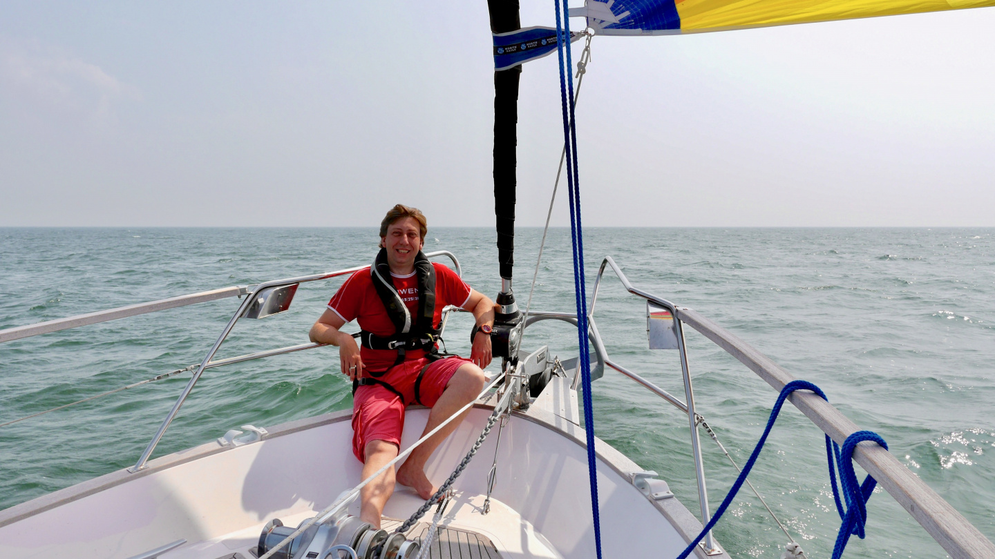 Andrus enjoying the gennaker sailing on the coast of Normandy