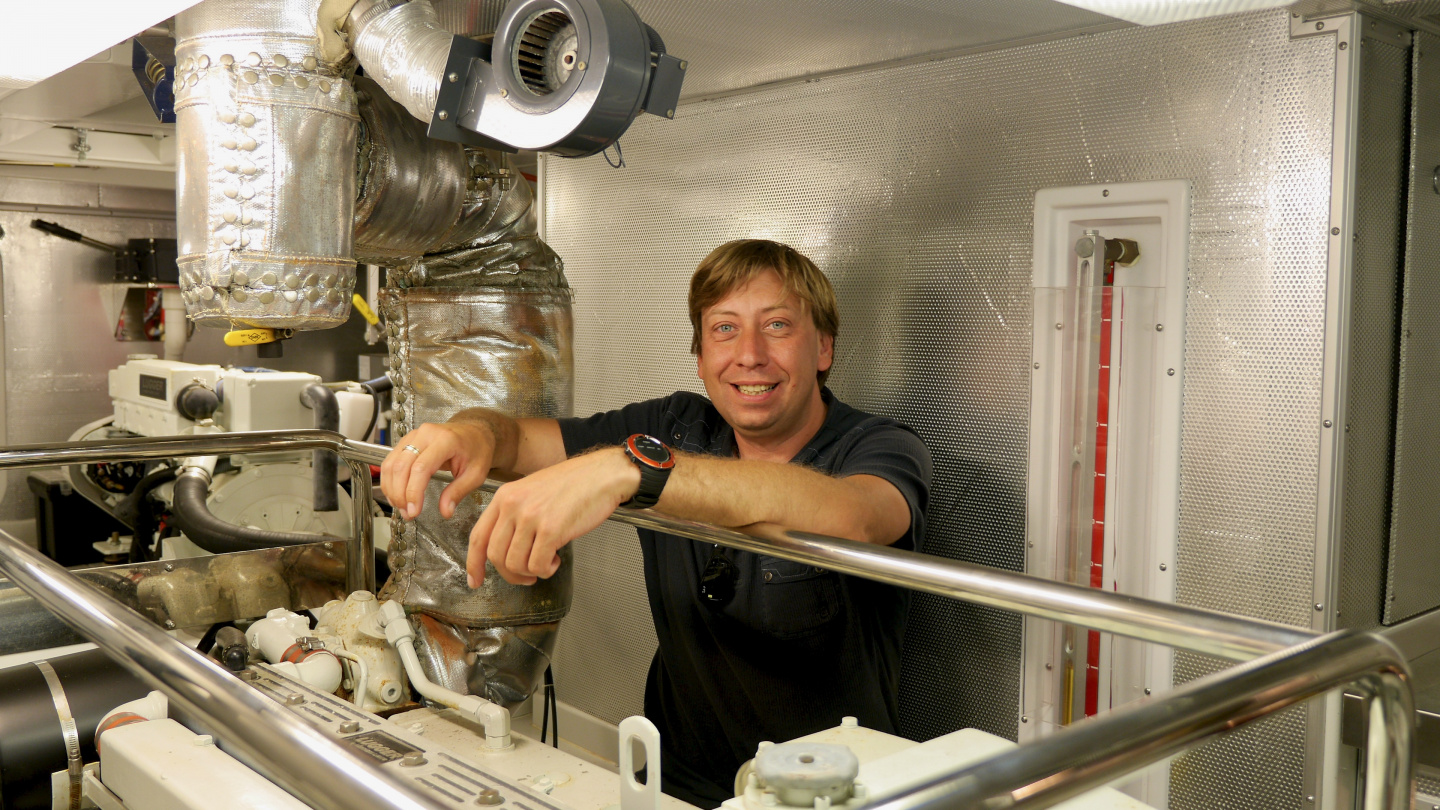 Happy Andrus in the engine room of Nordhavn 47