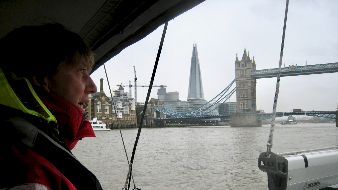 Andrus at the helm of Suwena on the river Thames