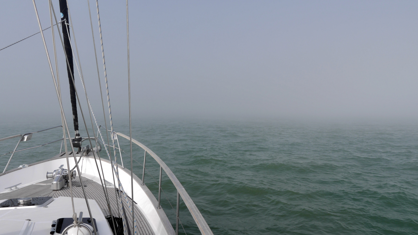 Suwena in the fog, approaching Ramsgate