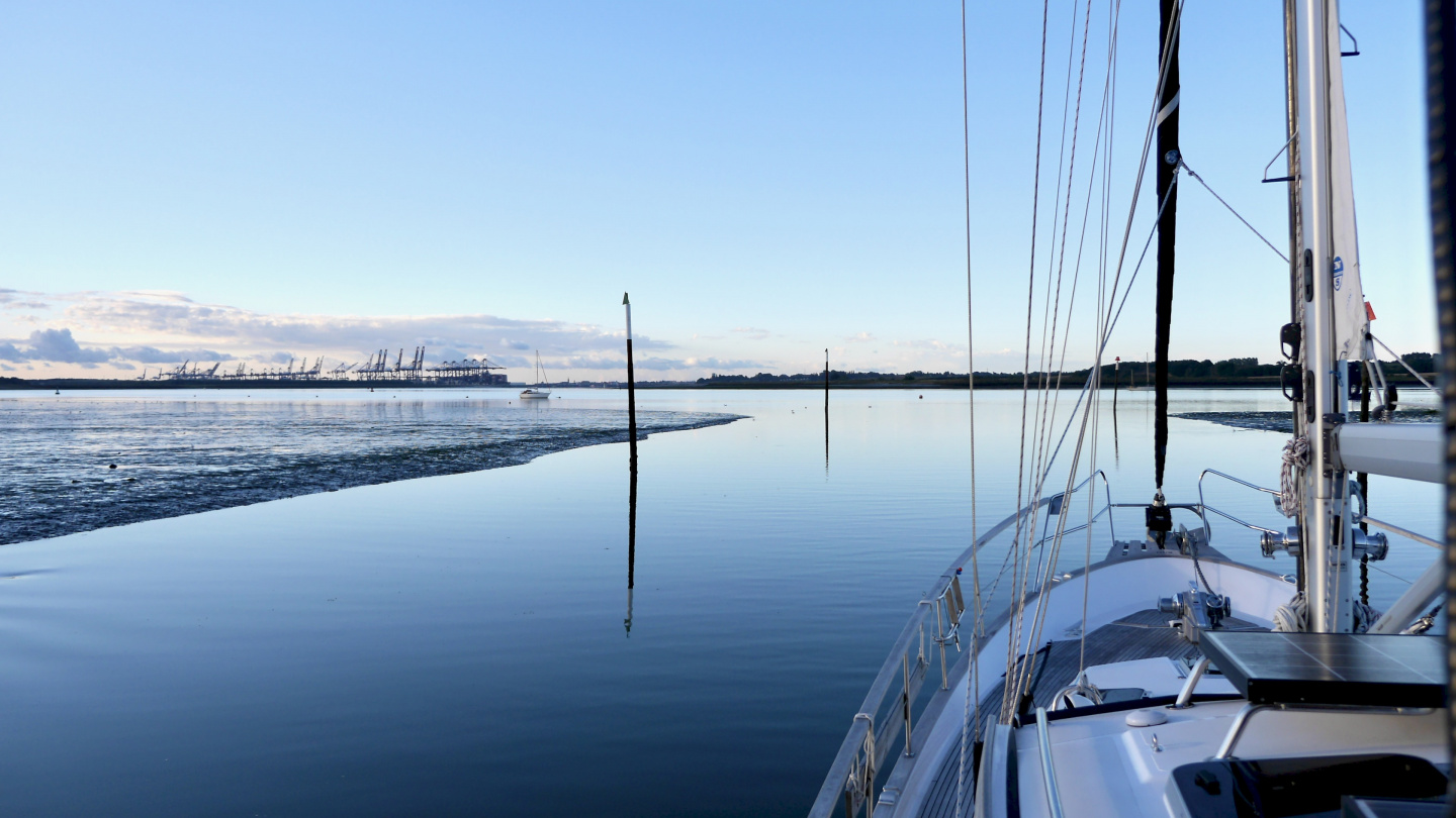 Suwena departing at low water from the Levington marina in England