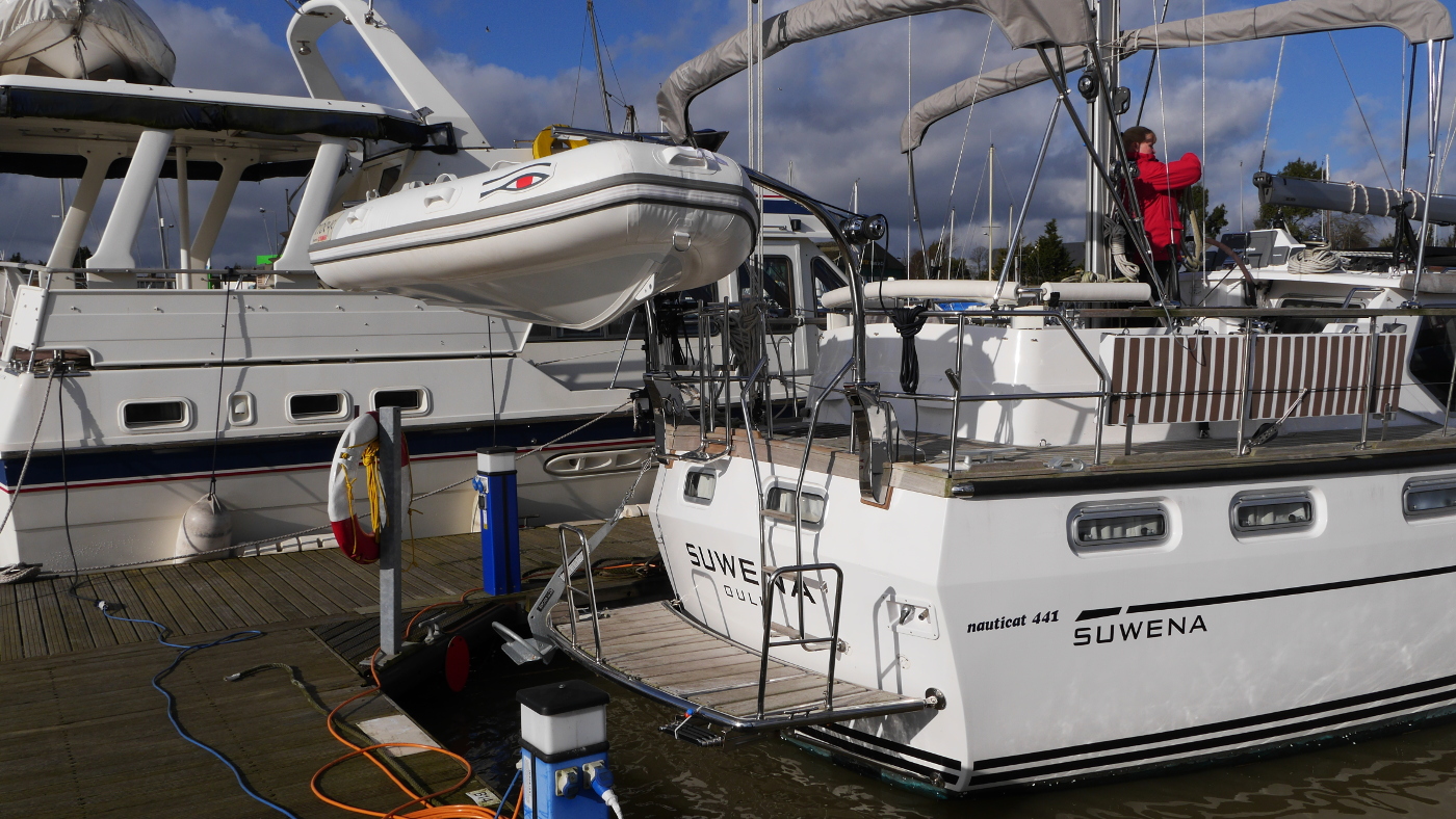 Brand new Ribeye dinghy in Suwena's davits