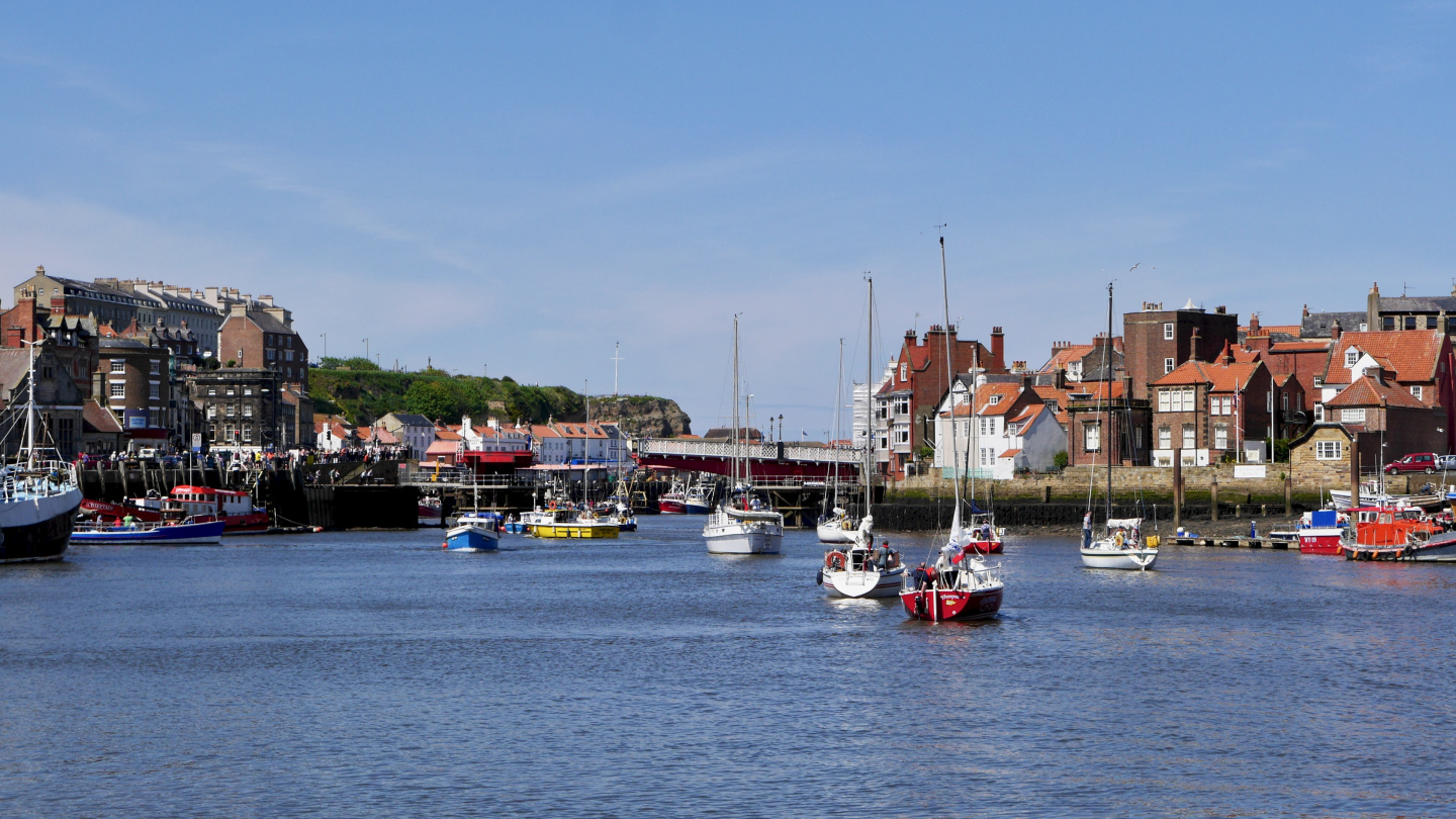 Boats waiting for bridge opening in Whitby