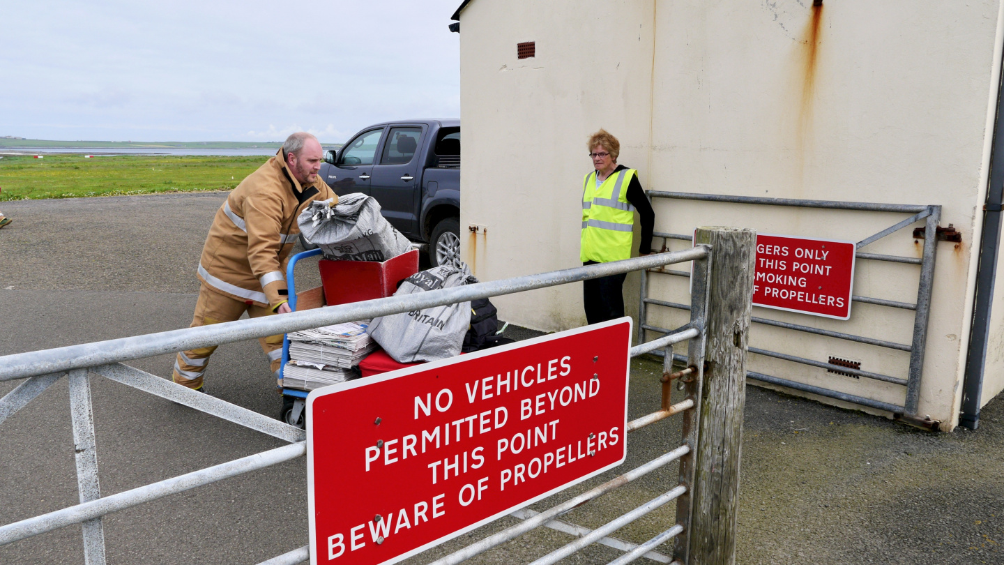 Luggage arriving to Westray island on Orkney