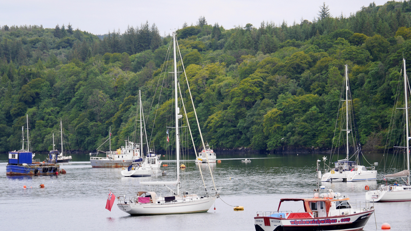 Yacht Constance of Tom Cunliffe in the anchorage of Tobermory