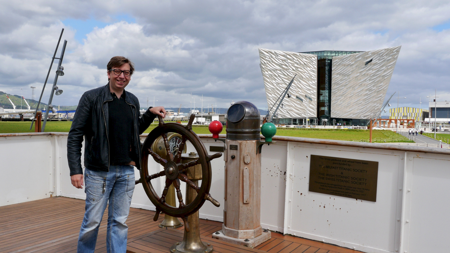 Andrus in the helm of S/S Nomadic in the Titanic Centre of Belfast