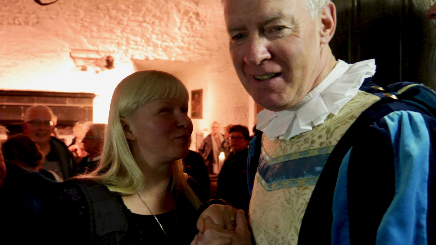 Eve and butler Jim at the medieval feast in Bunratty Castle