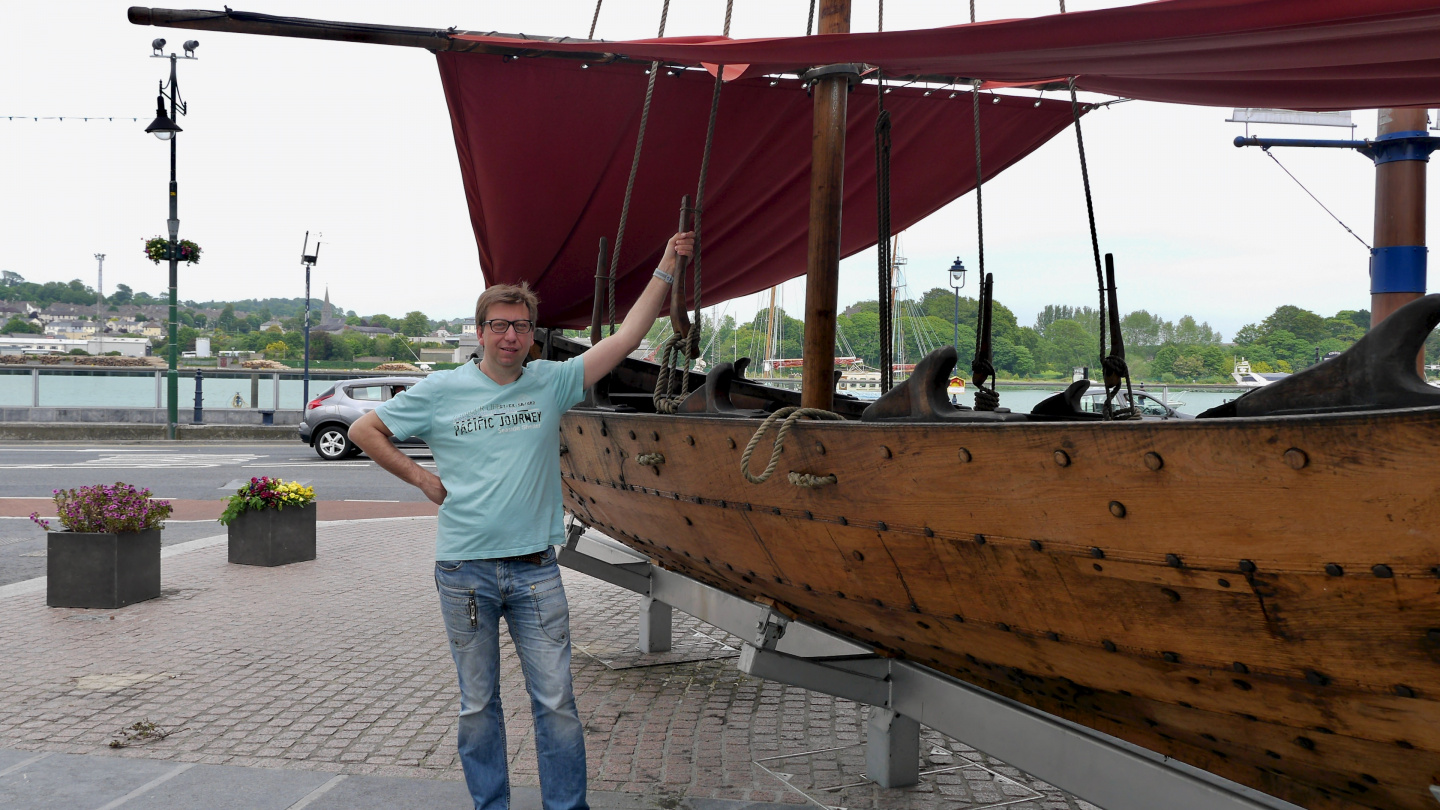 Andrus and Viking boat in Waterford, Ireland