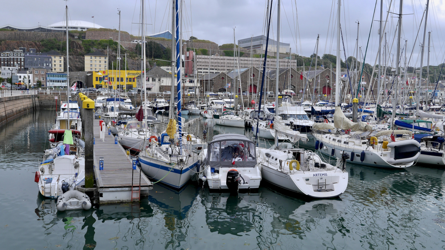 Boat rafts in Saint Helier marina in Jersey