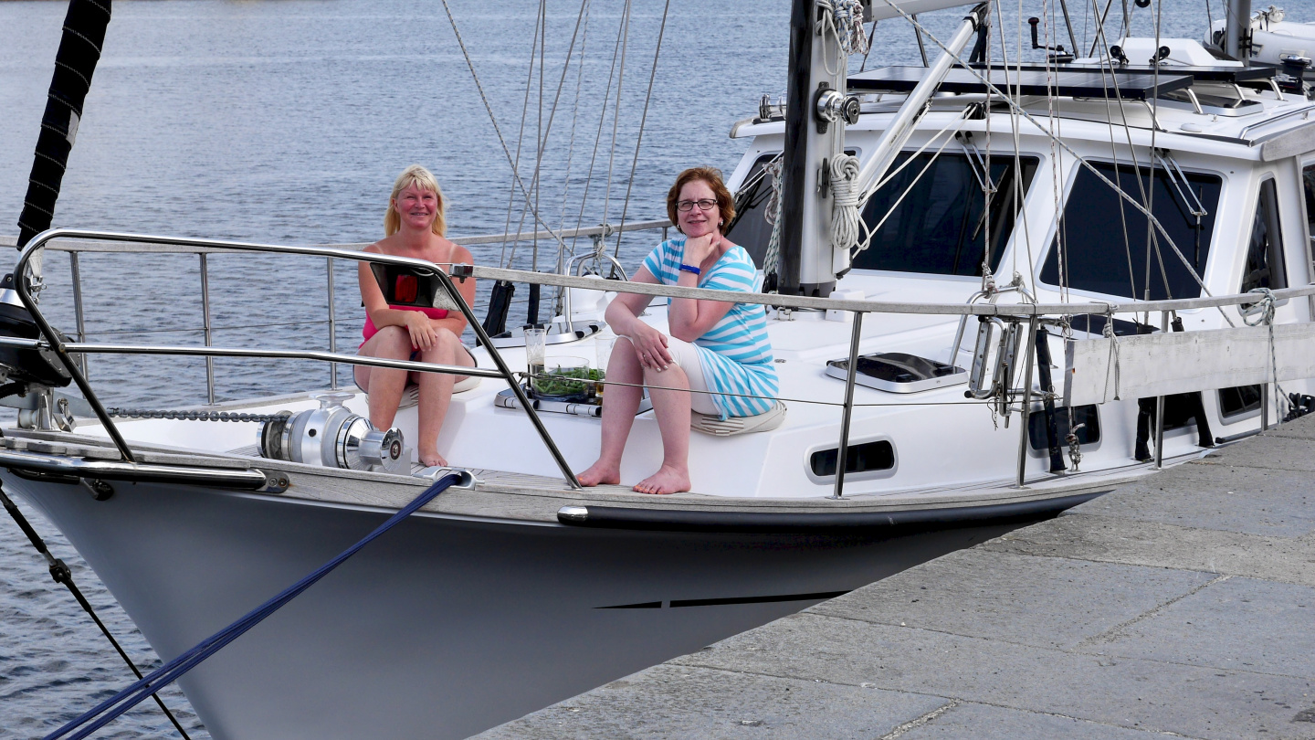 Eve and Merja on the deck of Suwena in St Malo