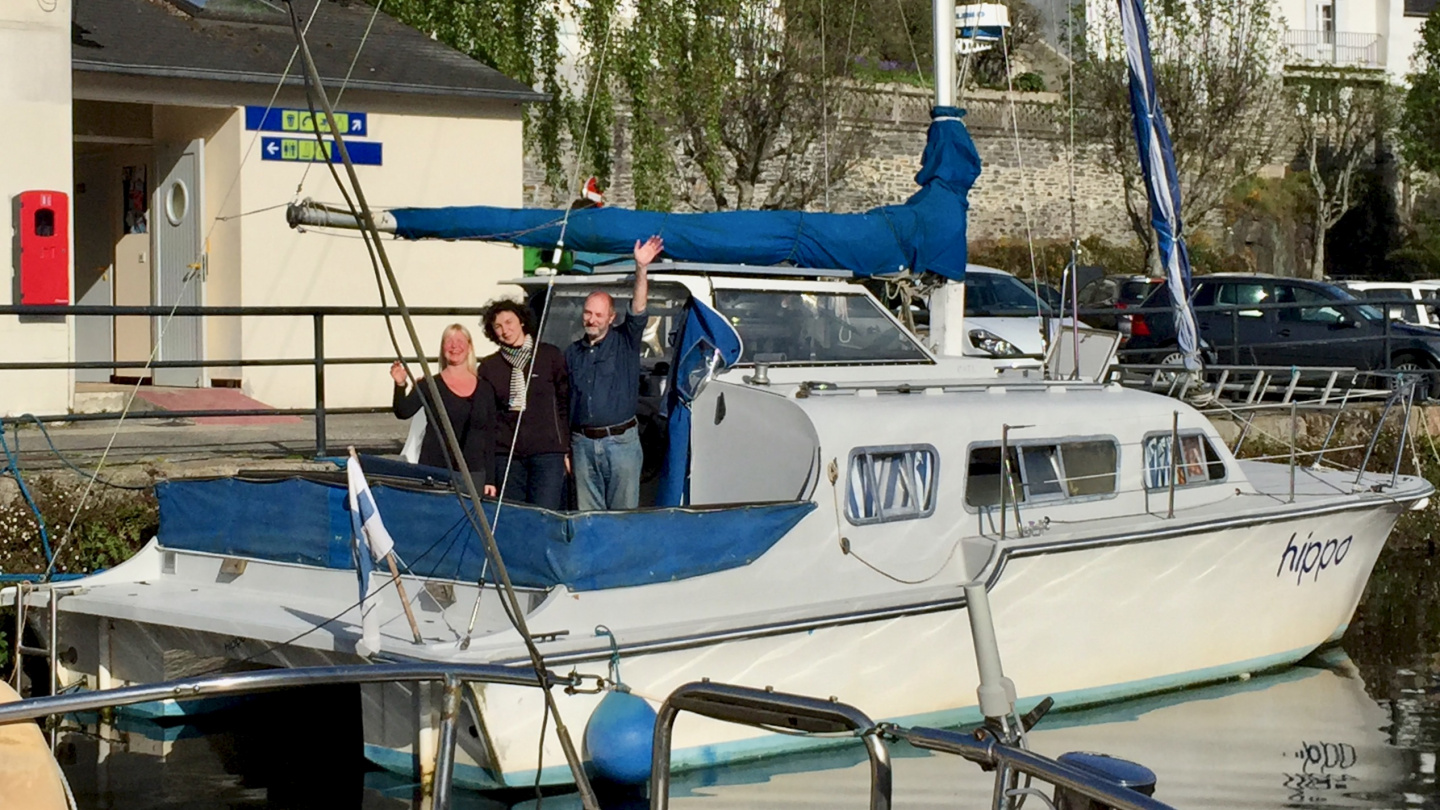 Eve, Irina and Ilya onboard Hippo in Morlaix