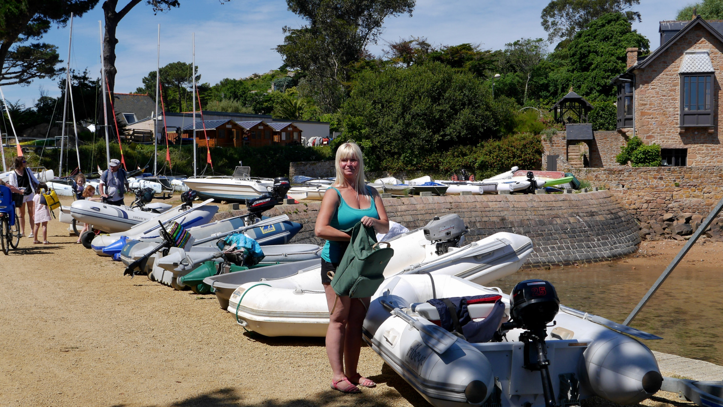 Eve at the dinghy dock of the island of Île de Bréhat in Brittany