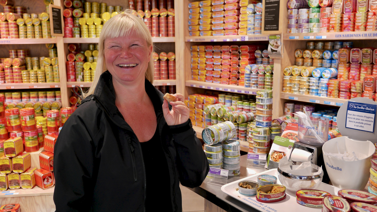 Eve sampling La Belle-Iloise fish paste