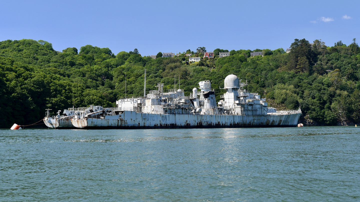 Military ship graveyard on the river L'Aulne in Brittany