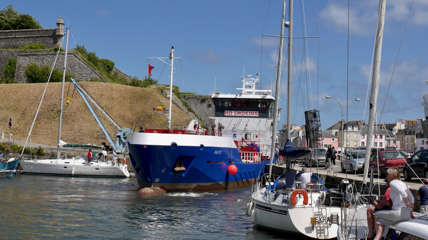 Tanker arriving to the harbour of Le Palais in Belle-Île of Brittany