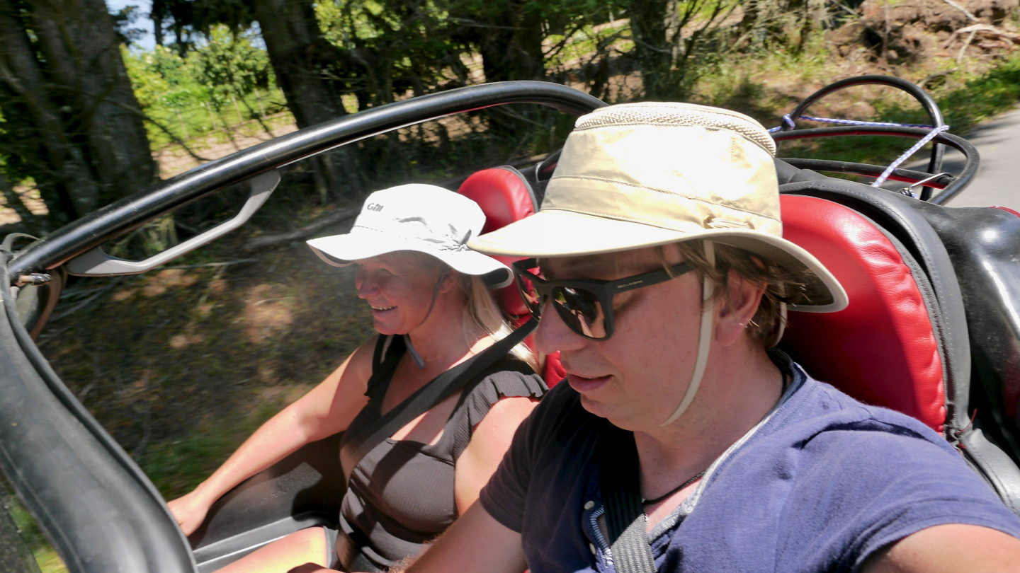 Eve and Andrus driving on the island of Belle-Île in Brittany