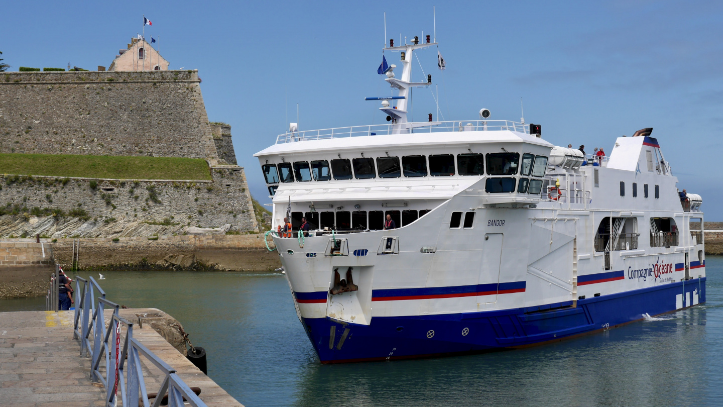 Ferry arriving to the port of Le Palais in Belle-Île of Brittany