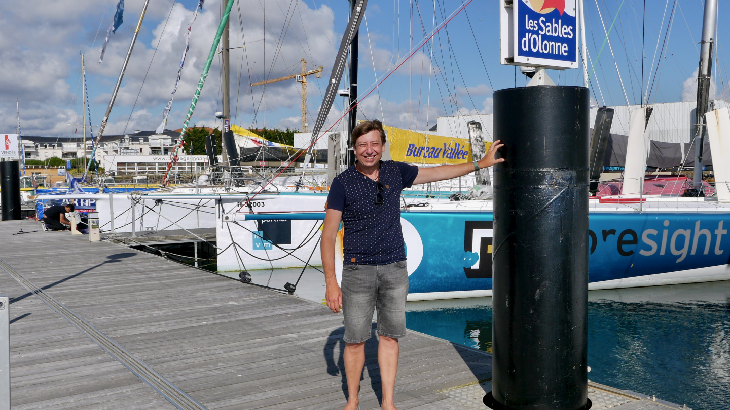 Andrus on the pontoon of Vendée Globe race in Les Sables d'Olonne in France