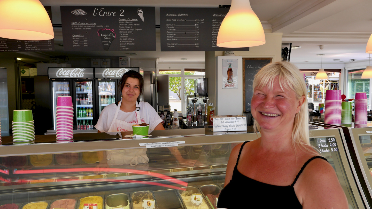 Eve having an ice cream in La Rochelle, France