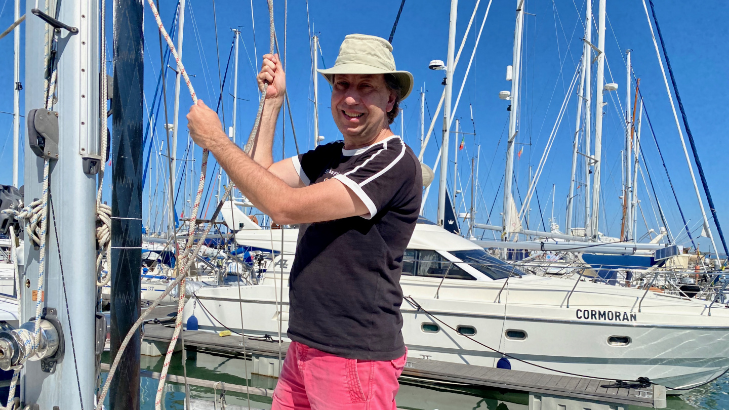 Andrus checking the gennaker halyard in Marina Parque das Nações, Lisbon