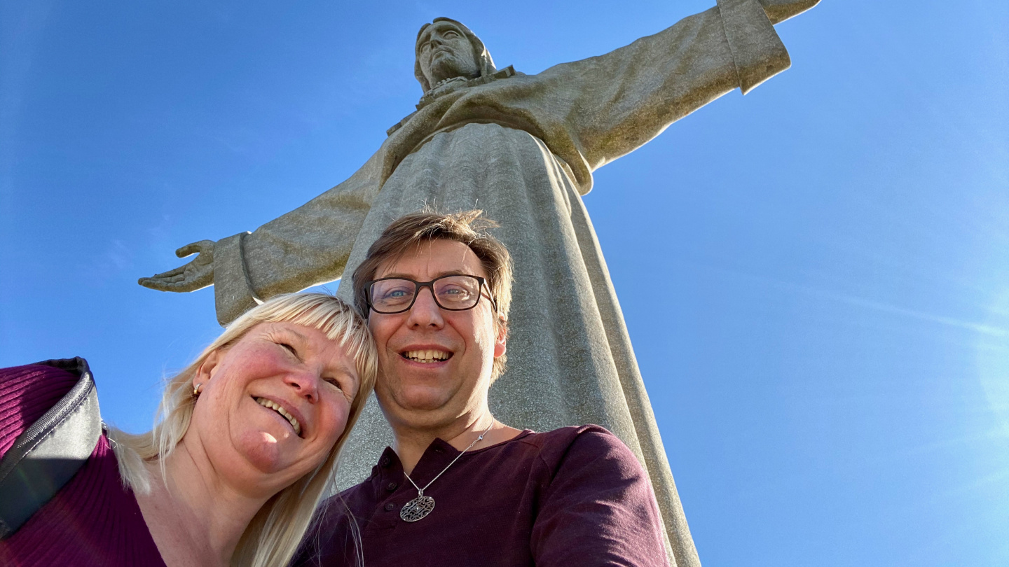Eve and Andrus at the monument of Cristo Rei, Lisbon