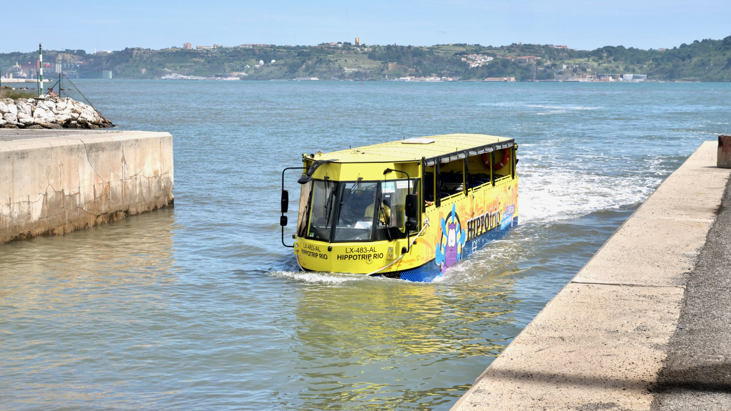 Amphibious bus Hippo landing in Algés, Portugal