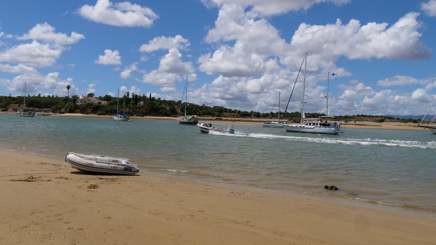 Suwena at anchor in the lagoon of Alvor, Portugal