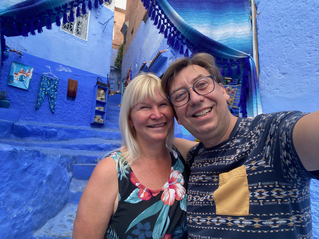 Eve and Andrus in the blue city of Chefchaouen, Morocco