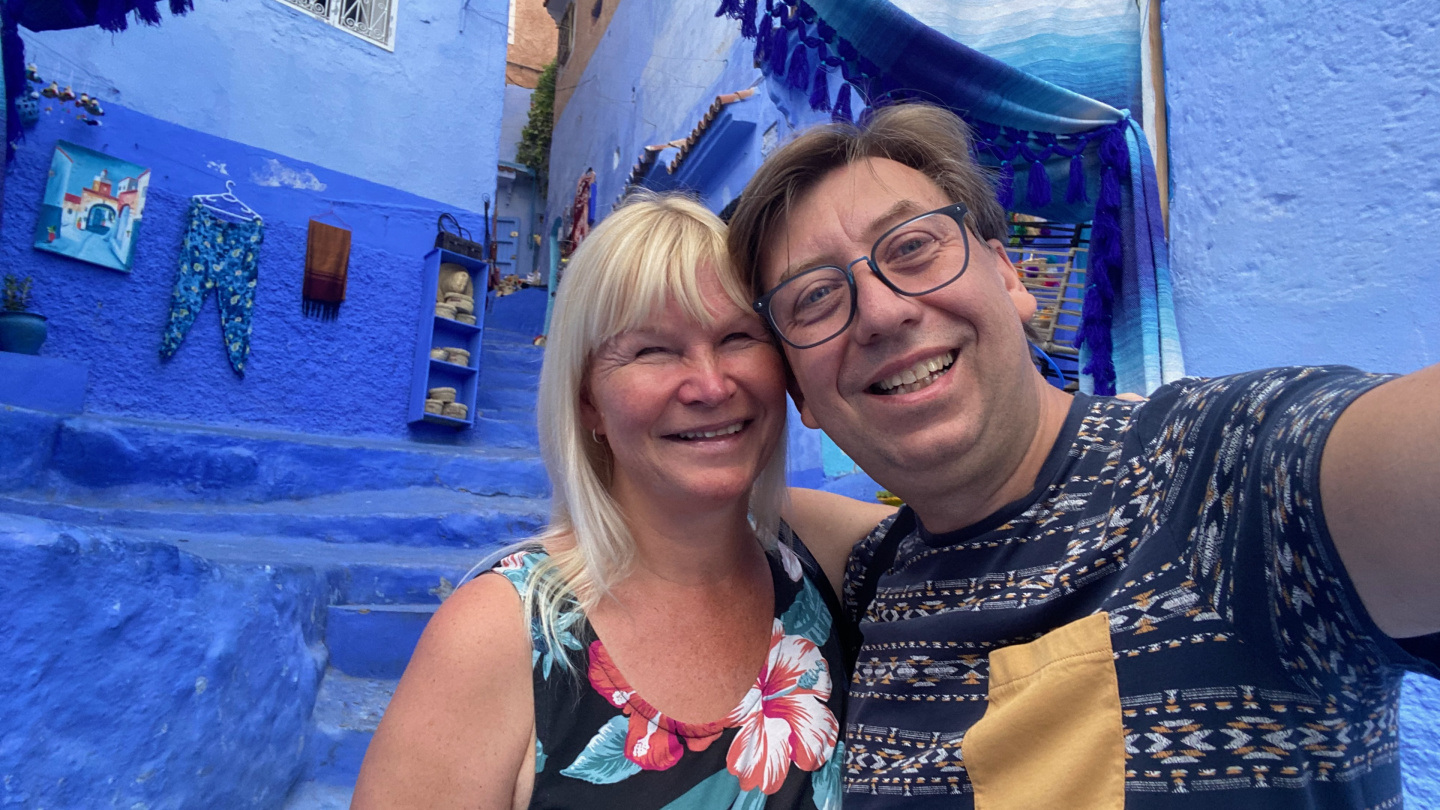 Eve and Andrus in the blue city of Chefchaouen, Morocco
