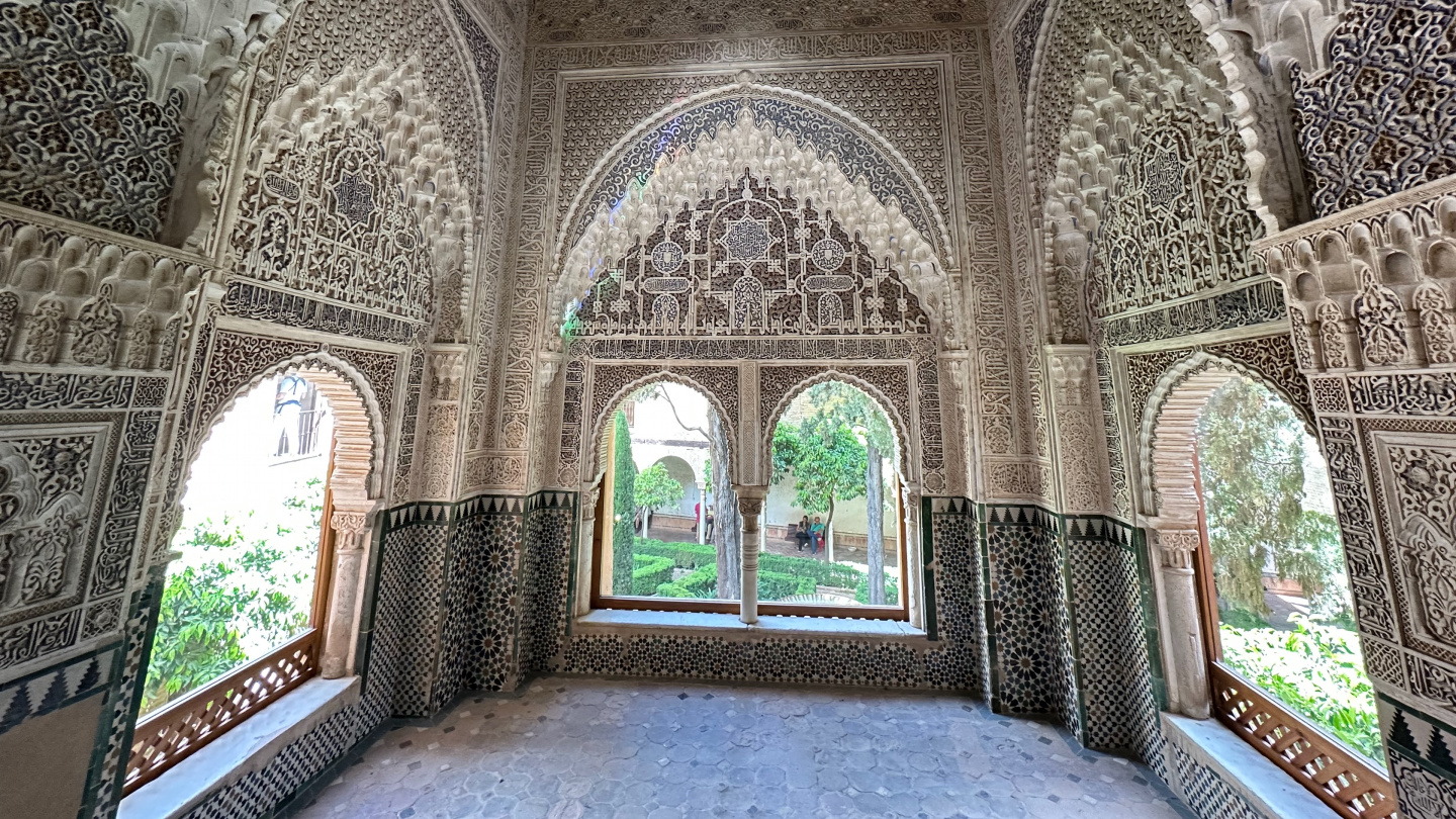 Moorish arched windows in Alhambra, Granada, Spain